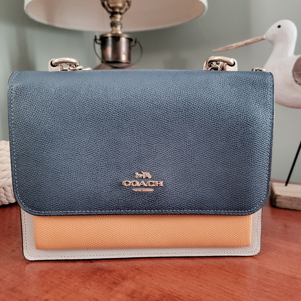 Coach C2860 Klare Colorblock Chain Crossbody Navy Yellow Chalk Leather Bag - Picture 5 of 16
